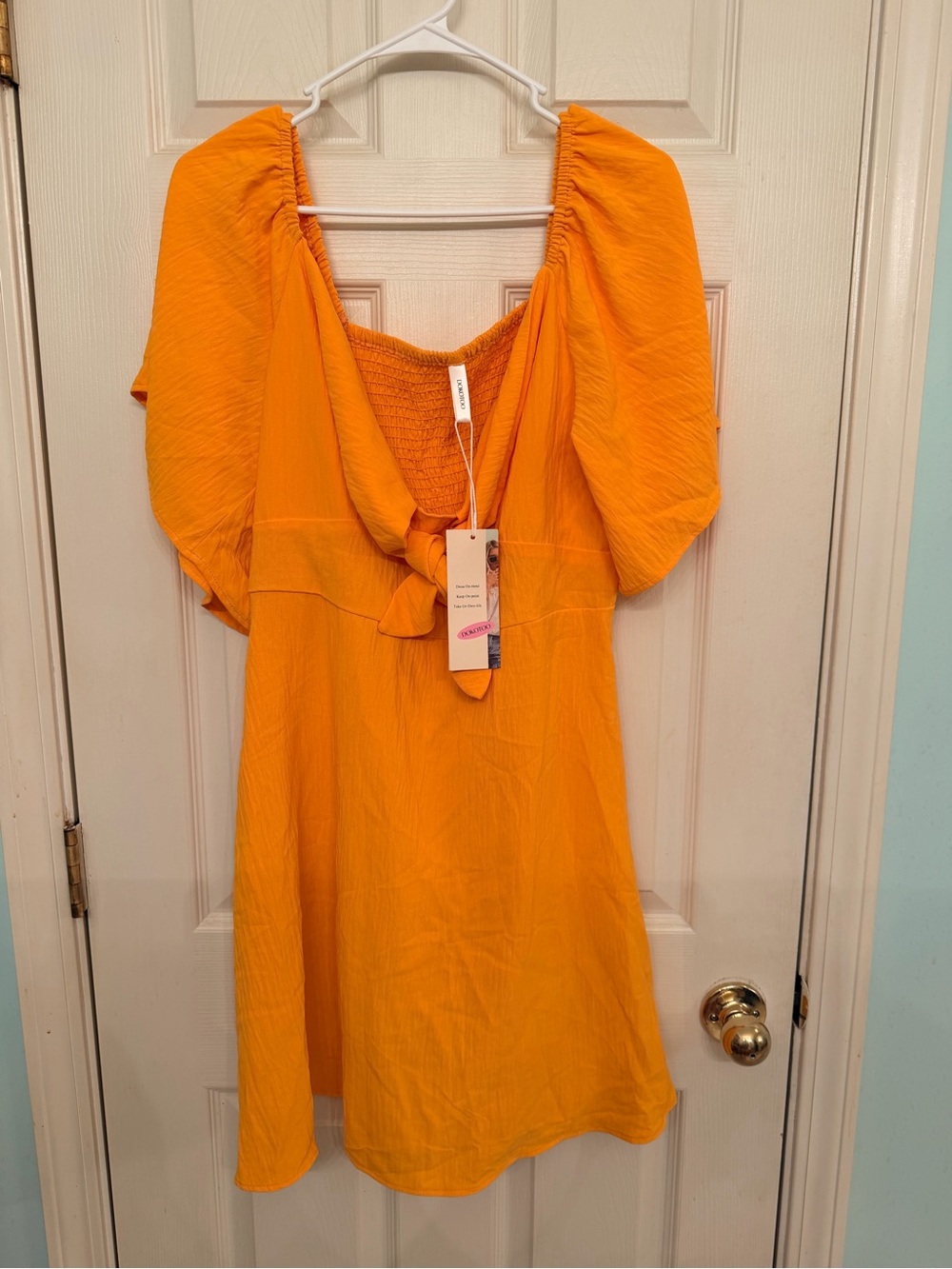 Bright Orange Midi Dress with Puff Sleeves